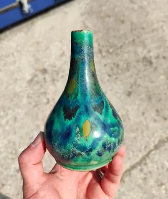 Antique Continental Majolica Pottery Bud Vase Green Drip Glaze European Retro • £15