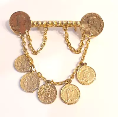 Steampunk Medallion Coins Chains Gold Tone Collar Brooch • $8.41