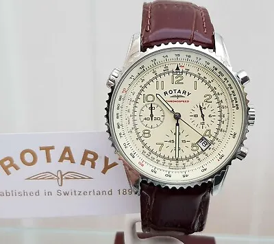 ROTARY Mens Watch Cream Dial Chronograph Brown Leather Strap RRP £190 Boxed  • £87.99