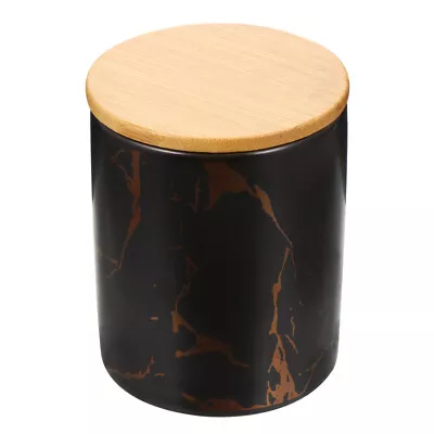 Black Ceramic Marble Grain Jar With Wood Lid - Home Kitchen Storage • £15.75