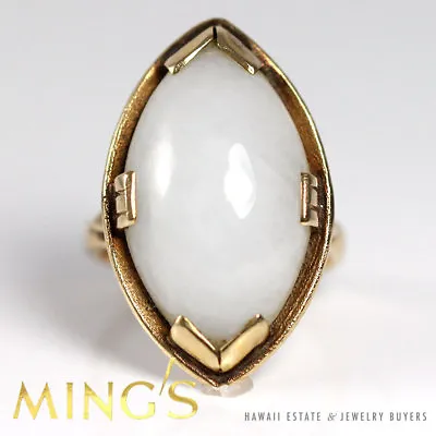  Vintage Ming's Hawaii White Jade Marquise 14k Yellow Gold Ring Size 5.5  • $800