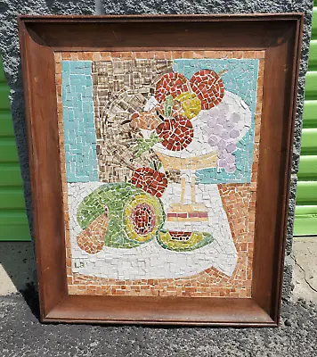 Mid Century Mosaic Tile Collage Still Life Fruit Bowl Framed Wall Art 24  X 20  • $180