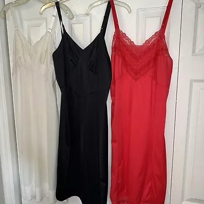 Vintage Dress Slips Red Black Beige Floral Lacy Shiny Silky Nylon Women’s M/L • $14.99