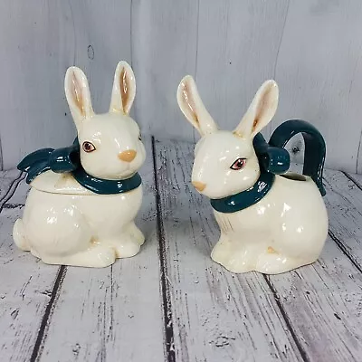 Vintage Ceramic Bunny Rabbit Creamer & Sugar Set W/ Bow Handle Easter Spring • $24.99