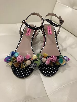 New Betsey Johnson Sz 10Pima Black And White Polka Dot Espadrille Wedge Sandals • $49.99