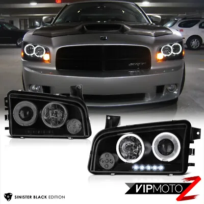 For 06-10 Dodge Charger  SINISTER BLACK  Quad Halo LED Projector Headlights Lamp • $153.39