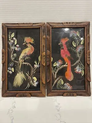 2 VTG Mexican Feather Craft Hand Painted Art Bird Pictures Carved Wood Frame • $22