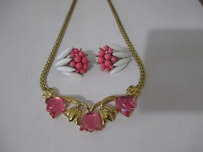 Vintage Trifari Pink Tulip Choker Necklace W/Crown Trirari Earrings • $99.99