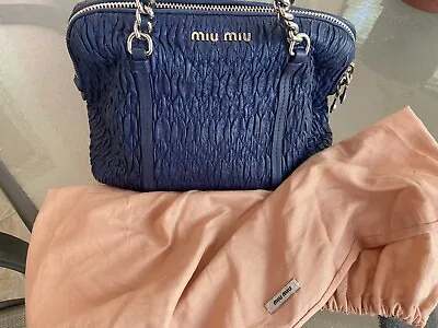 Miu Miu Blue Matelassé Ruched Gauffre Leather  Top Zip Tote/Shoulder Bag/Purse • $299