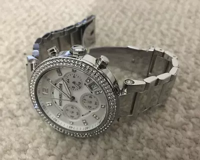 Michael Kors Mk5353 Parker Silver Dial Crystal Pave S/s Chronograph Ladies Watch • $56.85