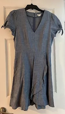 J. Crew Chambray Faux-wrap Dress Women Size 4 Blue Mini Denim V Neck Tie Sleeve • $15