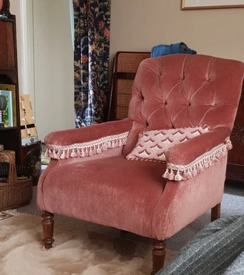 £190 • Buy Antique Victorian Armchair Blush Pink Velvet With Tassels