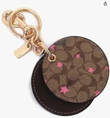 NWT COACH Disco Star Print Mirror Bag Charm Split Key Ring Dogleash Khaki Pink • $70.78