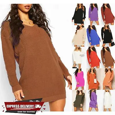 Ladies Womens V Plunge Oversized Jumper Baggy Chunky Knit Sweater Long Top Dress • £7.99