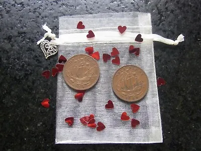 £4.95 • Buy 65th Wedding Anniversary - Two 1958 Half Pennies In Organza Bag + Heart Confetti