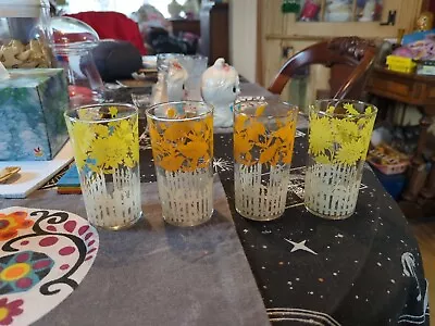 Vintage Garden Fence With Orange And Yellow Flowers Glasses Set Of 4 MCM • $35