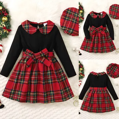 2Pcs Kids Girls Long Sleeve Check Dress Hat Outfits Set Christmas Party Dresses • £11.29