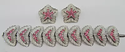 Vtg Signed BSK Set Pink Rhinestone Bracelet + Clip-on Earrings Mint Silver Tone • $39.99