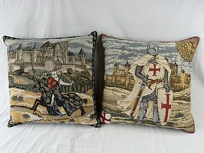 Vintage Pair Of Tapestry Medieval Knight Scene Embroidered Cushion Pillows 18x18 • $49.95