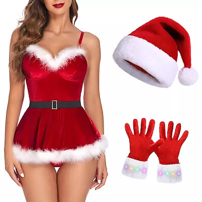 US Women's Mrs Santa Claus Costume Dress Sexy Velvet Babydoll With Hat Outfits • $6.29