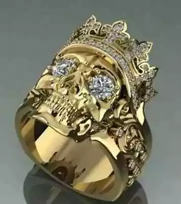 2Ct Lab Created Diamond Men's Skull Halloween Ring 14K Yellow Gold Plated Silver • $249.99