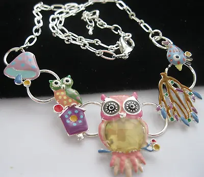 Quirky Pink Enamel OWL NECKLACE Mushroom Bird Unusual Costume Jewellery Gift • £12.95