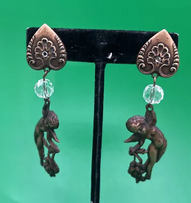 Vintage Antique Brass Tone Heart Cherub Angel Dangle Post Earrings • $16.99