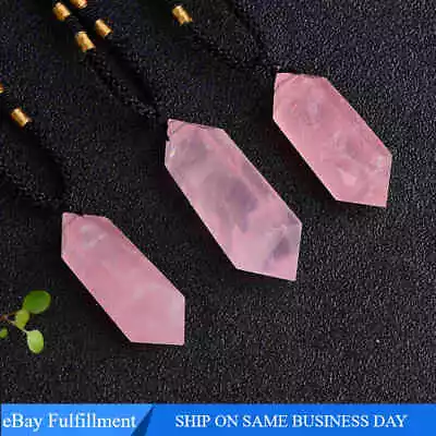 Natural Rose Quartz Crystal Point Wand Pendant Healing Gemstone Charms Necklace • $8.83