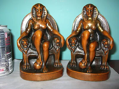 Antique Cleopatra Ancient Egypt Winged Lion Throne Bookends Galvano Bronze Clad • $225