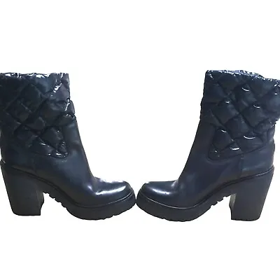 Womens Moncler Black Ankle Boots Leather Puffy Down Calf Size 39 USA 8 FAUX FUR • $300