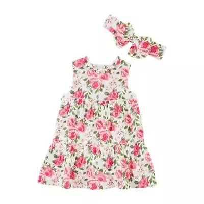 Mud Pie Fresh Picked Pink Floral Guaze Dress And Headband Set  24M/2T 3T 4T 5T • $30.40