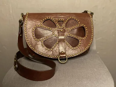 MICHAEL KORS Leather Studded Handbag Brown 70s Style Saddle Bag • $78