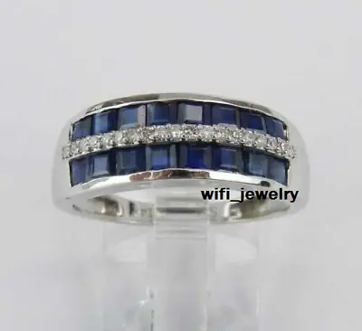 2.50Ct Simulated Diamond & Blue Sapphire Men's Wedding Band Ring 925 Silver • $94.34