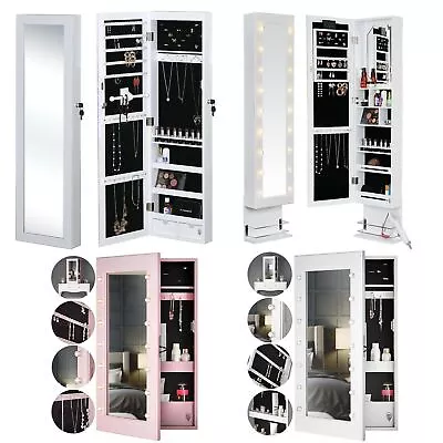 Wall Mounted / Desktop Mirror Jewellery Cabinet With LED Lights Makeup Storage • £90