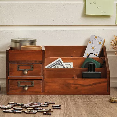£18.95 • Buy Wooden Desk Organizer Desktop Tidy Storage Rack Drawer Office Pencil Pen Holder