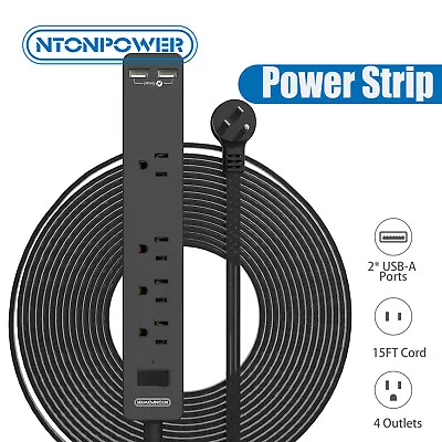 Flat Plug Extension Cord 15ft 4 Outlets 2 USB Extender Wall Mount Power Strip • $28.49