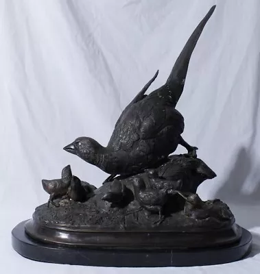 GENUINE PHEASANT BRONZE STATUE PHESANT WITH CHICKS HUGE After JULES MOIGNIEZ • $800