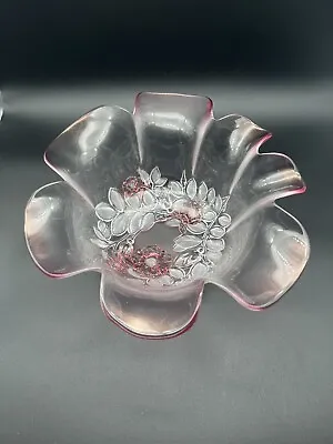 Vintage Mikasa Walther Rosella Ruffle Edge Flower Bowl Pink Clear Glass Dish 11  • $25