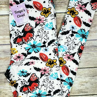 Colorful Floral Drawings Leggings Flowers White Base Buttery Soft ONE SIZE OS • $14.95