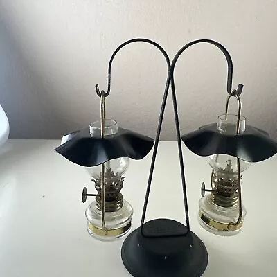 Pair Miniature Glass & Metal Oil Lamps W/ Hanger Stand Clear Mini Double Shade • $20