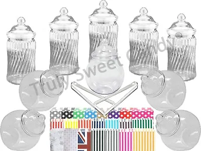 10 Retro Plastic Sweet Jars 2 Tongs & 50 Bags DIY Candy Buffet Wedding Party • £15.49