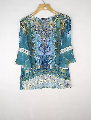 Mushka By Sienna Rose Inc Women's Large Shirt Top Green Sheer Fringe • $18.74