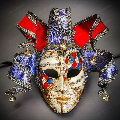 Blue Red Medieval Jester Musical Joker Venetian Masquerade Mask With Gold Lip • $39
