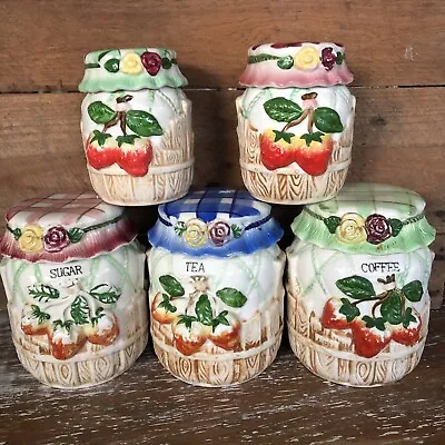 Set 5 Vintage Kitsch Strawberry Porcelain Sugar Coffee Tea Jars Canisters Retro • $46