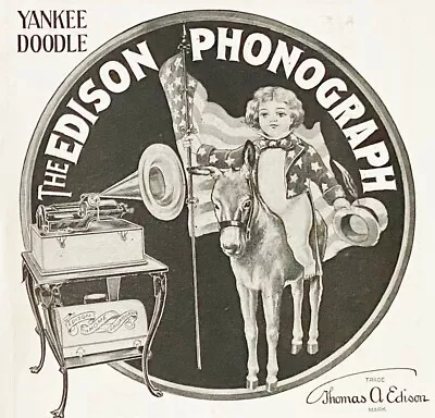 1901 National EDISON PHONOGRAPH Co Vtg Print Ad~Yankee Doodle Boy Pony USA Flag • $24.95