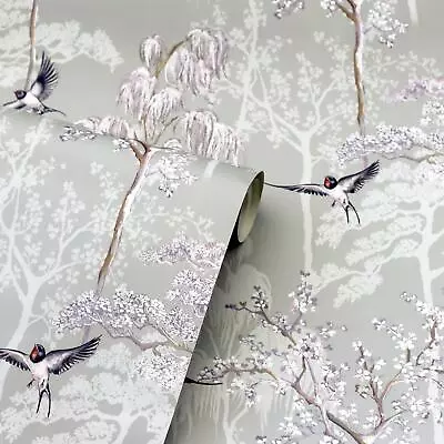 Japanese Bird Garden Arthouse Wallpaper Grey 908105 Oriental Trees Blossoms • £13.80