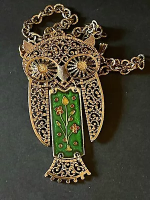 VTG Articulated Owl Necklace By Gold Crown Inc. Filigree Enamel Figural Pendant • $18.95