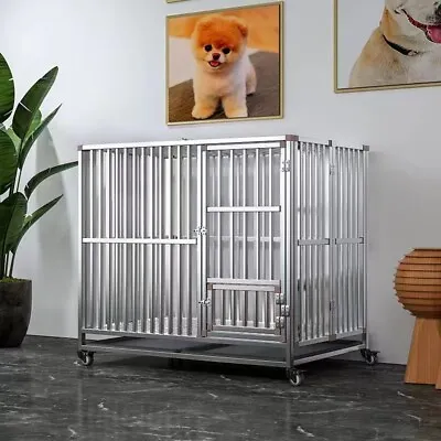 $209.99 • Buy Heavy Duty Stainless Steel Dog Cage Kennel Folding Pet Playpen W/ Wheels & Tray