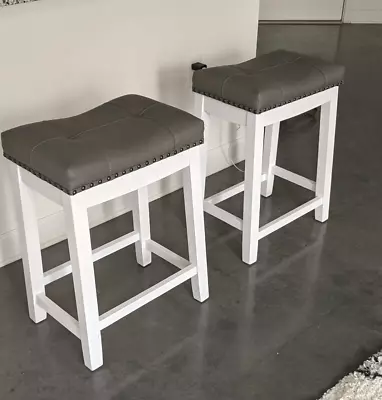 Counter Height Bar Stools Set Of 2 White With Gray Upholstered Kitchen Chairs • $145.97