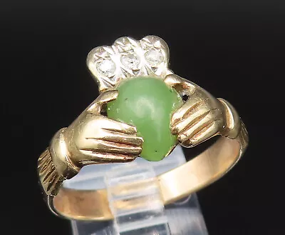 IRELAND 10K GOLD - Vintage Jade & Genuine Diamonds Claddagh Ring Sz 10 - GR491 • $389.66